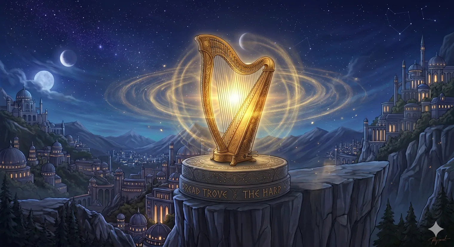 The Harp — a shimmering silver instrument etched with ancient symbols, its twenty-six strings each attuned to a different law of space and time.